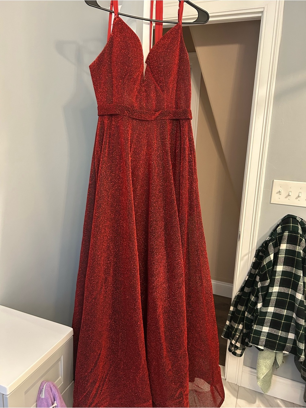 V-Neck Burgundy Sparkle Evening Gown - Picture 2 of 3